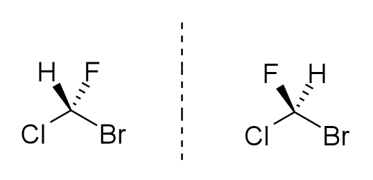 Figure 4.1. Bromochlorofluoromethane's two enantiomers: non-superimposable mirror images produced by swapping every wedge and dash at the single stereocenter. ("Bromochlorofluoromethane enantiomers" by Meodipt, public domain, via Wikimedia Commons.)