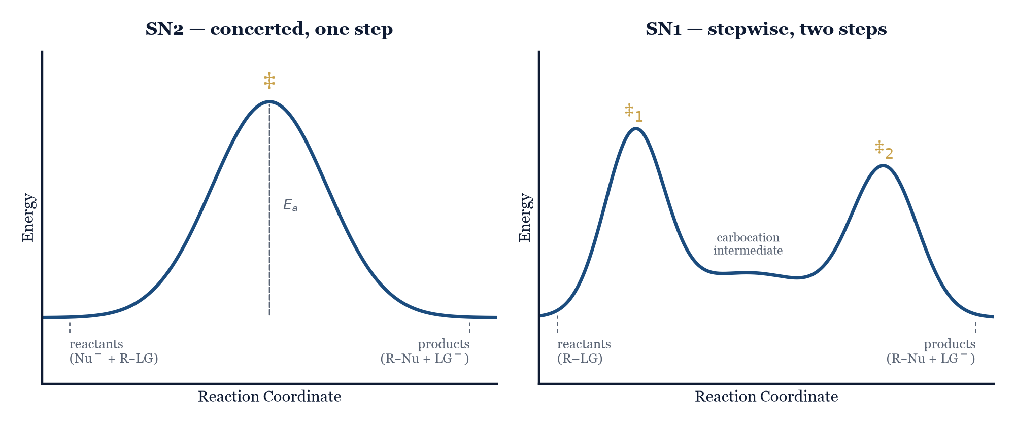 Figure 7.5. SN2 proceeds through a single transition state, while SN1 proceeds through two transition states separated by a carbocation intermediate.