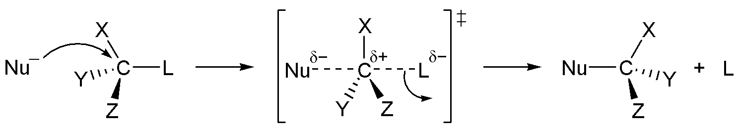 Figure 7.1. SN2 mechanism: the nucleophile attacks from the side opposite the leaving group, passing through a trigonal bipyramidal transition state, which inverts the configuration at carbon. ("SN2 reaction mechanism" by Calvero, public domain, via Wikimedia Commons.)