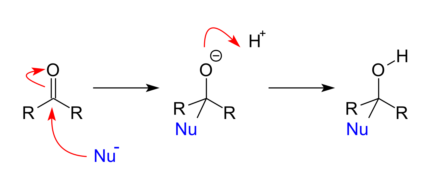 Figure 12.1. General nucleophilic addition mechanism: a nucleophile (Nu⁻) attacks the carbonyl carbon, pushing the π electrons onto oxygen to give a tetrahedral alkoxide intermediate, which is then protonated to give the neutral alcohol product. ("Nucleophilic additions to carbonyls" by V8rik, public domain, via Wikimedia Commons.)
